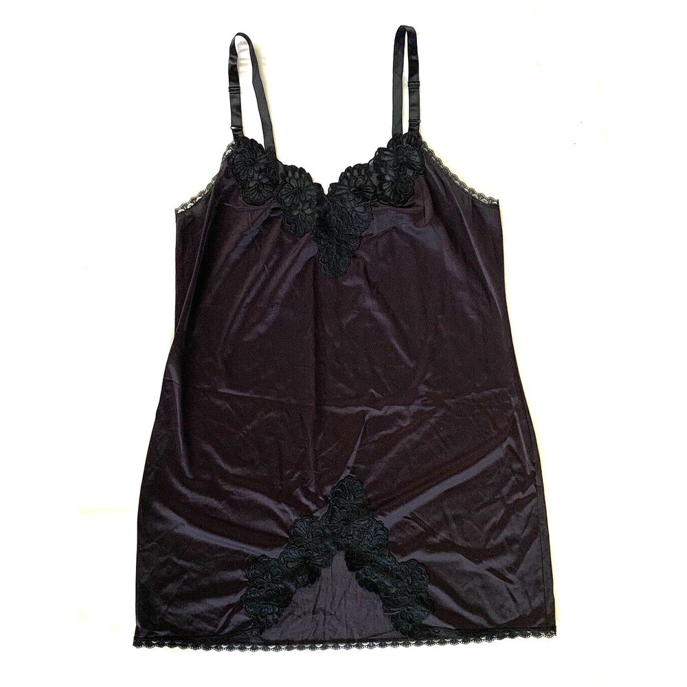 Vtg 70s Shadowline Short Full Slip Dress Lingerie Sz 34C Black Lace Nylon Witchy